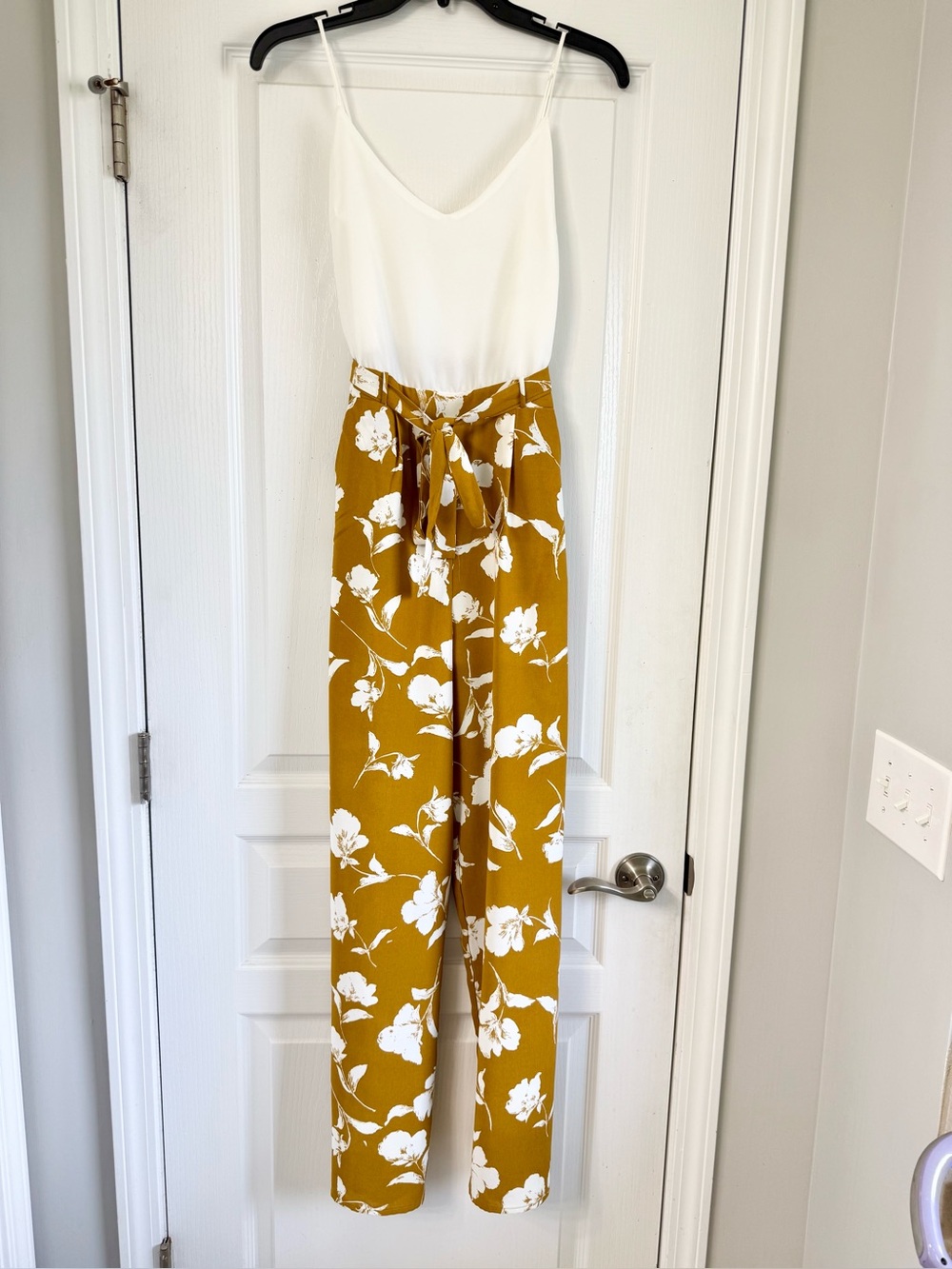 Vestique Mustard Floral Tie-Waist Wide-Leg Jumpsuit
